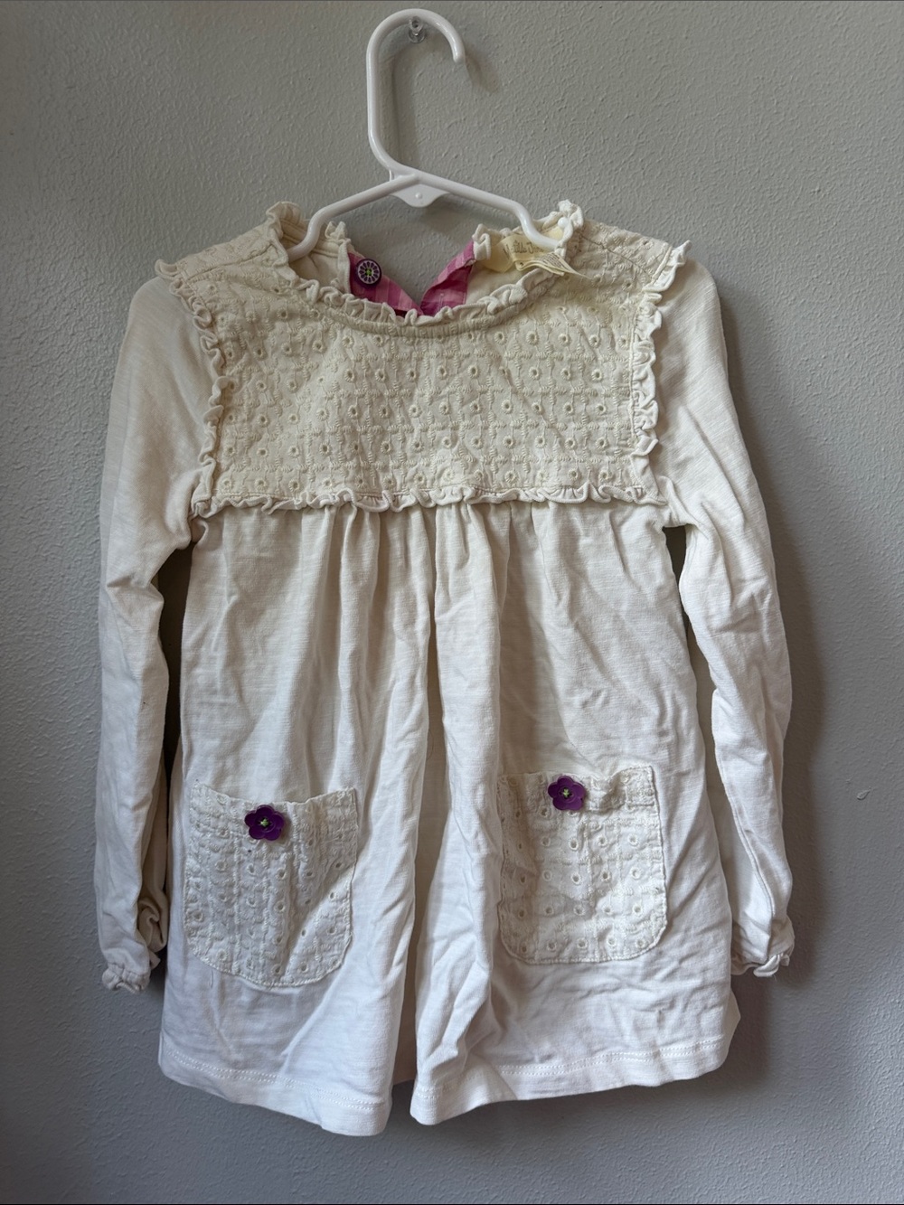 Matilda Jane Cream Eyelet Long-Sleeve Dress with Purple Pocket Flowers